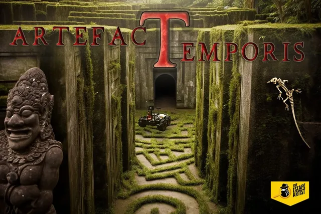 Artefact Temporis key visual, a rover deep in a mossy stone maze beside an ancient statue