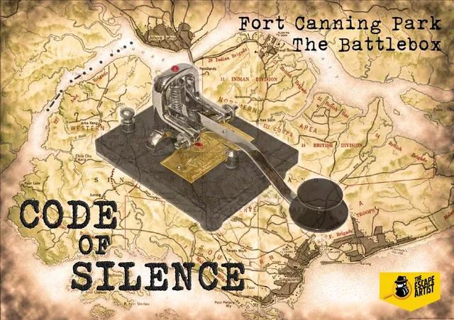 Code of Silence key visual, a morse telegraph key over a wartime map of Singapore