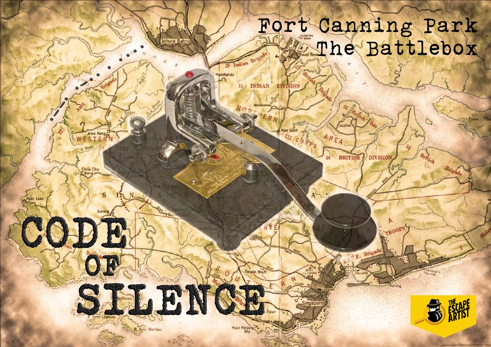 Code of Silence key visual, a morse telegraph key over a wartime map of Singapore