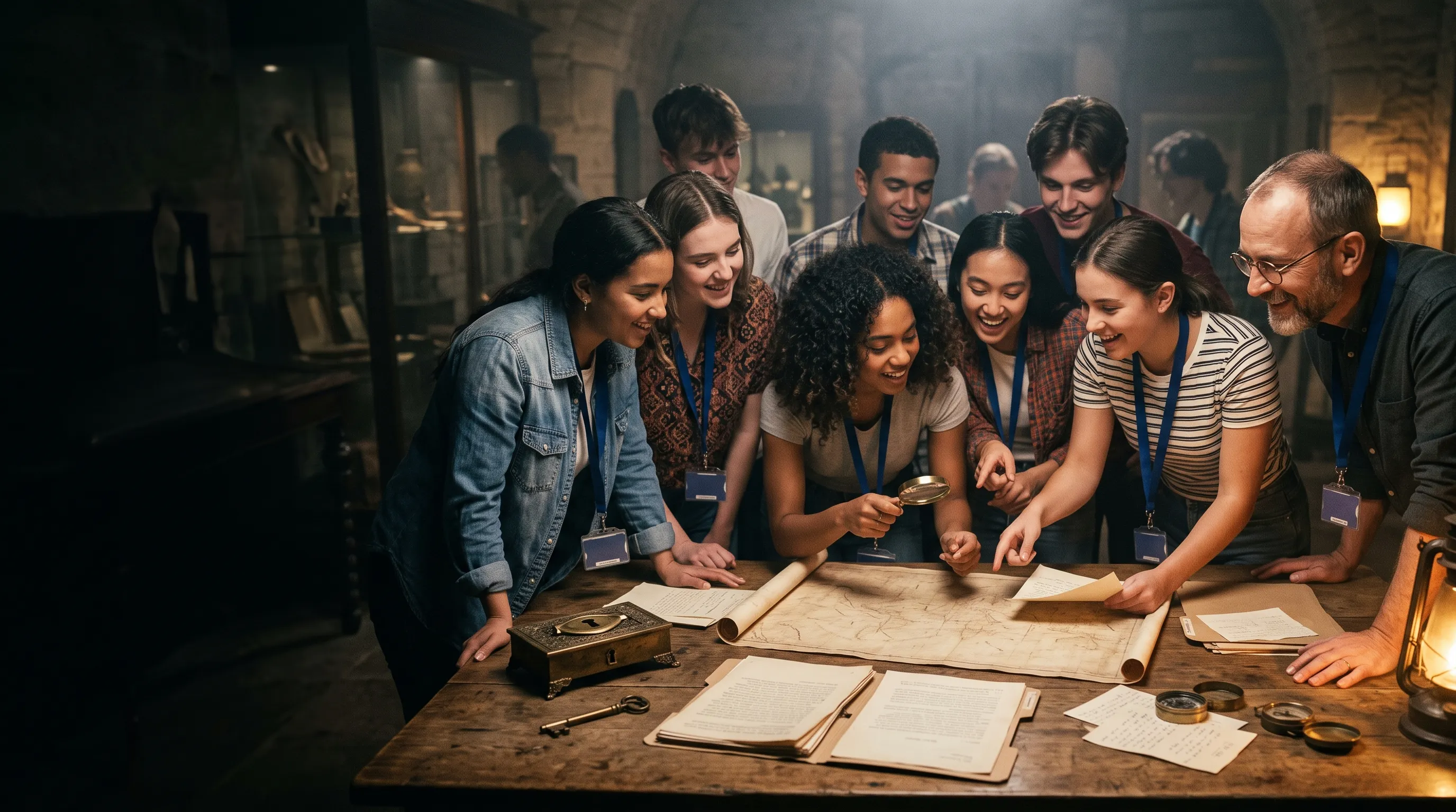 A student team solving a map puzzle together at an offsite escape game