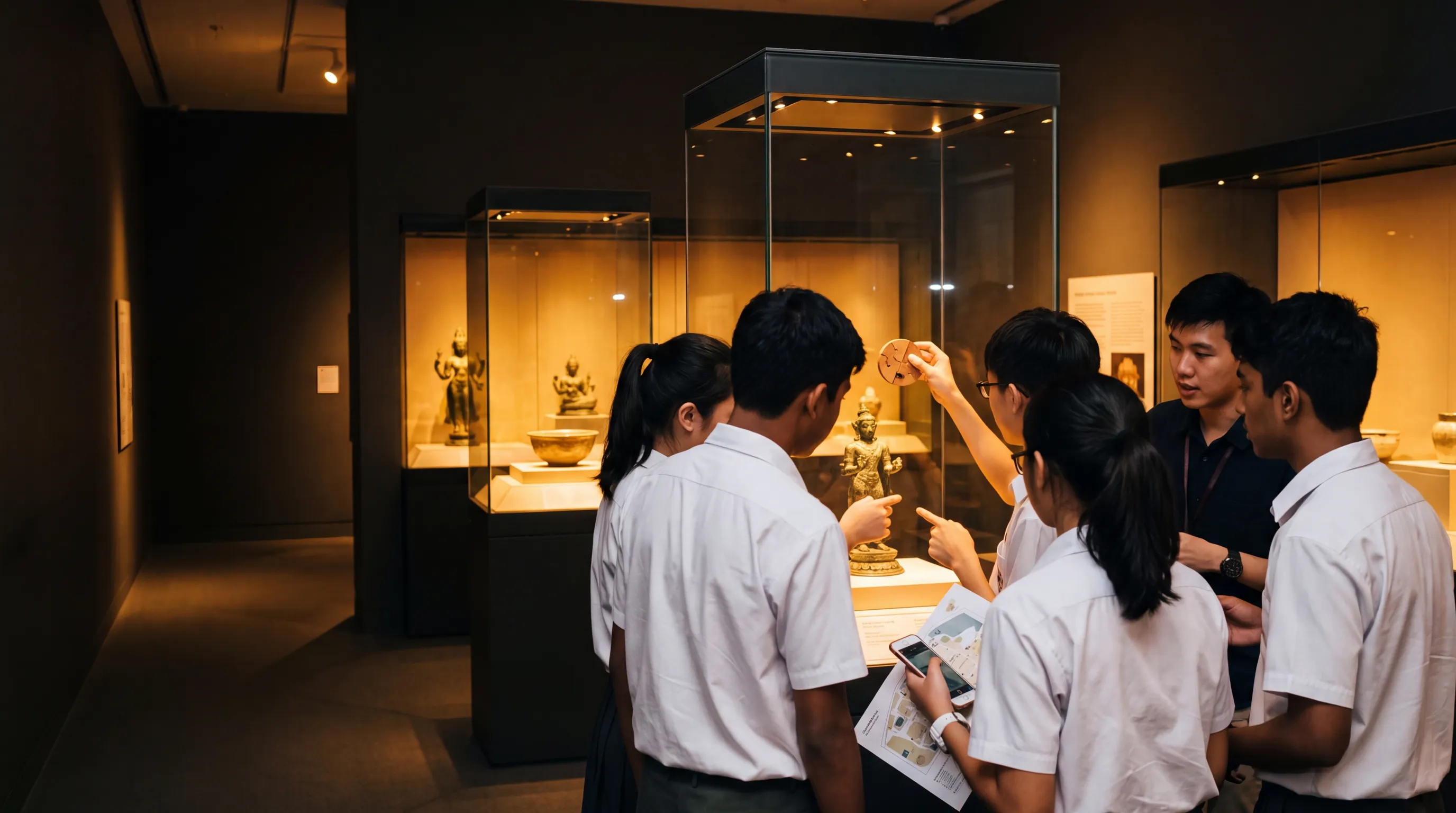 Secondary school students on a learning journey at a Singapore museum, working a puzzle disc and a printed map around a lit display case