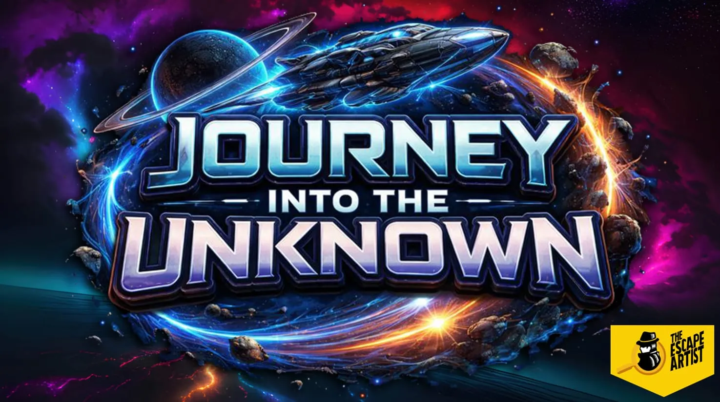 Journey into the Unknown key visual, a starship crossing a glowing ring of light in deep space