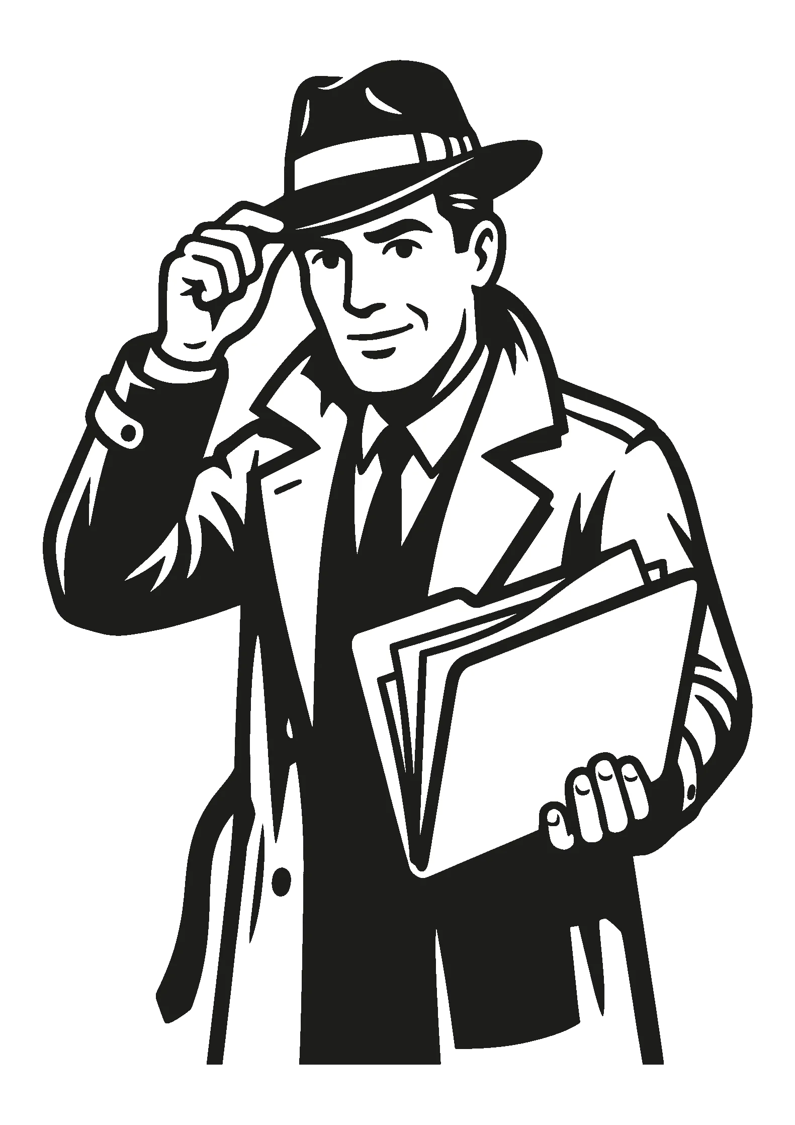 The Escape Artist detective host tipping his hat, a stack of case files under his arm