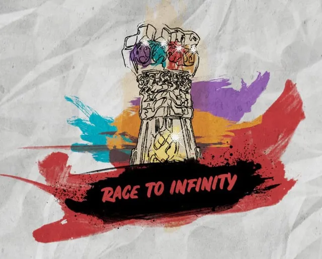 Race to Infinity key visual, a gauntlet clutching an ancient relic set with glowing stones