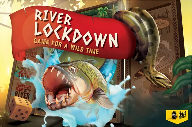 River Lockdown key visual, a piranha and anaconda bursting out of a jungle board game