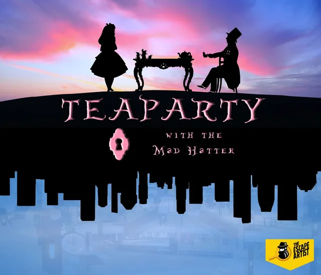 Tea Party with the Mad Hatter key visual, Alice and the Hatter silhouetted at a tea table against a sunset sky