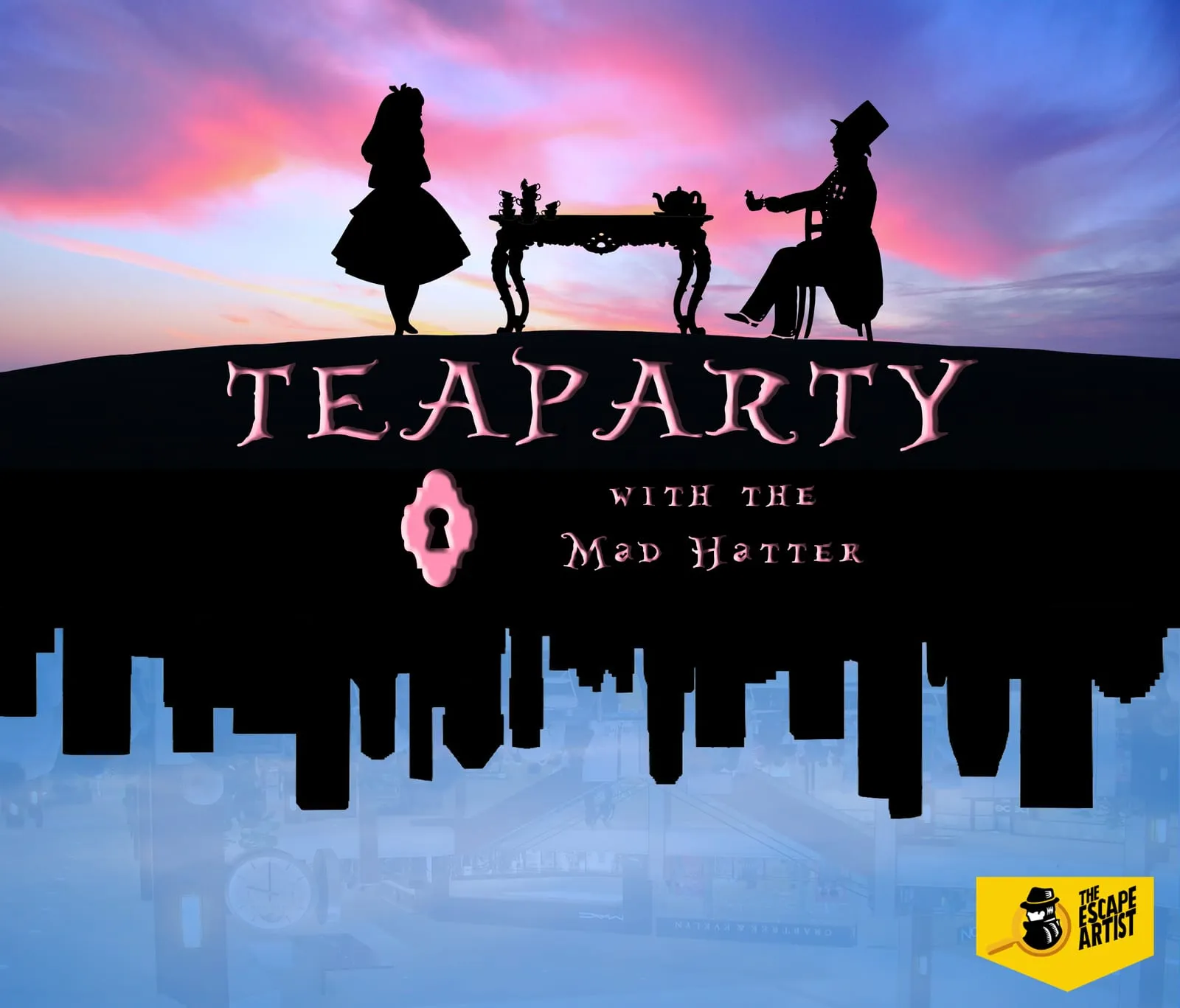 Tea Party with the Mad Hatter key visual, Alice and the Hatter silhouetted at a tea table against a sunset sky