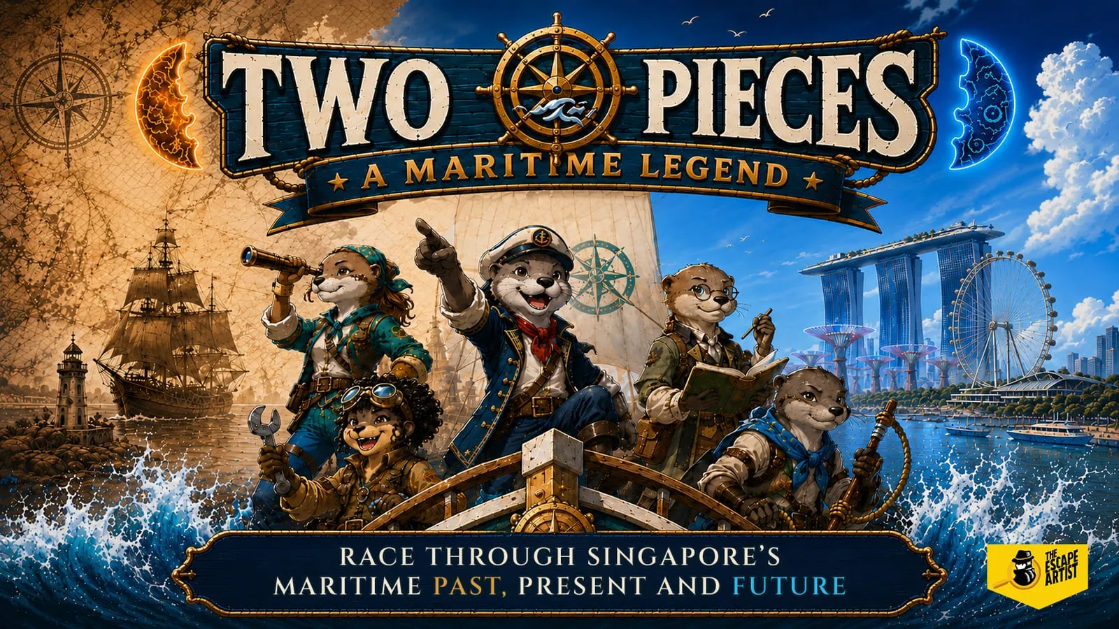 Two Pieces key visual, a crew of otter adventurers at a ship's wheel between old sailing ships and the modern Marina Bay skyline
