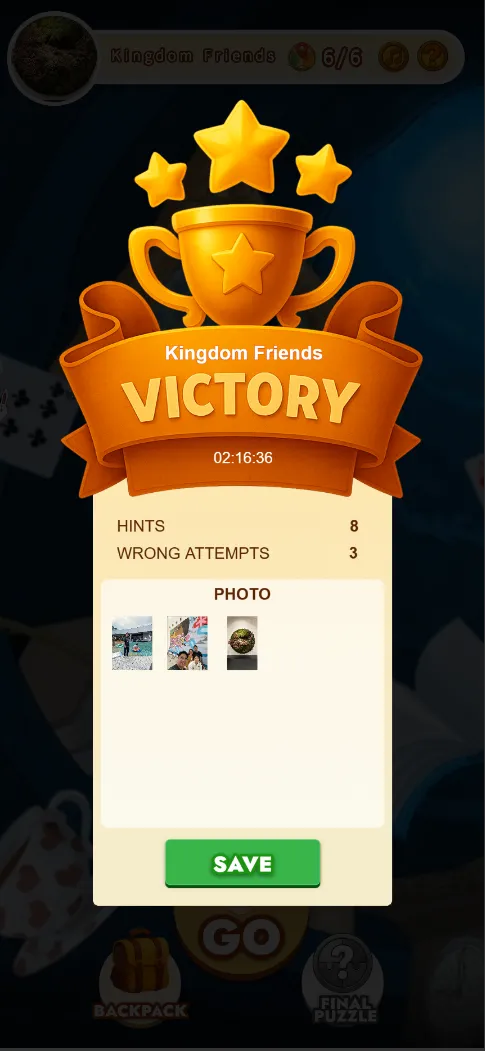 The MazeFox victory screen showing a trophy, the team name, finish time, hints and wrong attempts, and the team’s photos