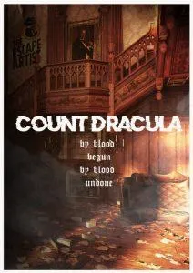 Count Dracula poster: a grand staircase in a ruined hall, lit red, with a portrait of the Count above it