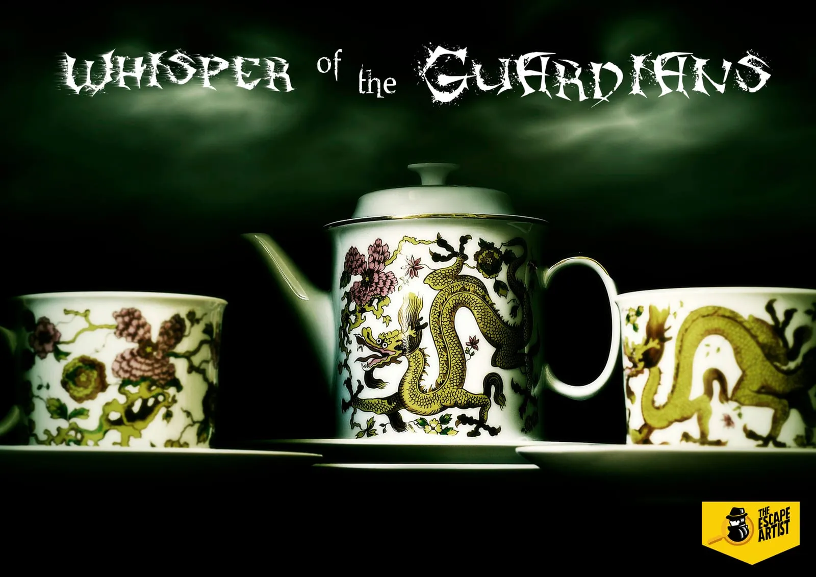 Whisper of the Guardians key visual, dragon-painted teapot and cups lit against the dark