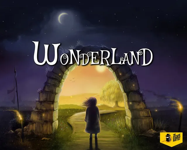 Wonderland key visual, a girl standing before a glowing stone archway at dusk